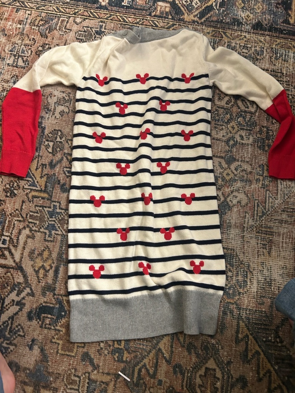 Cream and Navy Striped Kids Sweater Dress with Red Accent Motifs